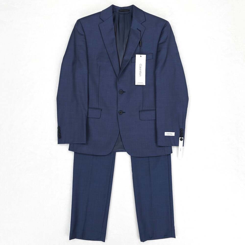 Calvin Klein Mens Slim Fit 2 Piece Suit 46R 38x32 Blue Solid Stretch Wool NWT